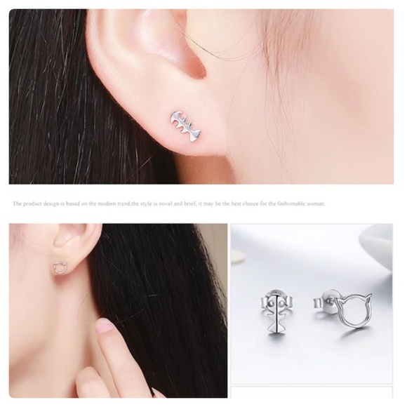 Cat Themed 925 Silver Stud Earrings - Picture 6 of 6